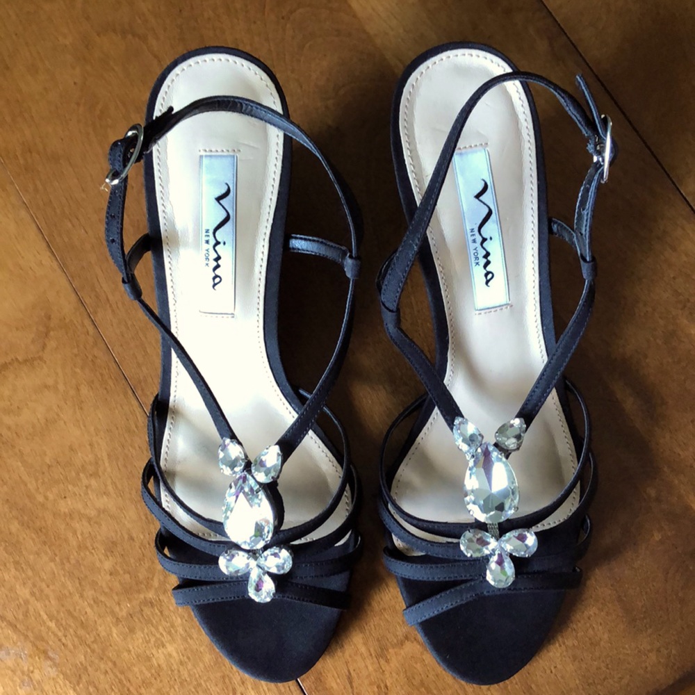 Nina Mineola-FP Black Wedge Heels with Jewels